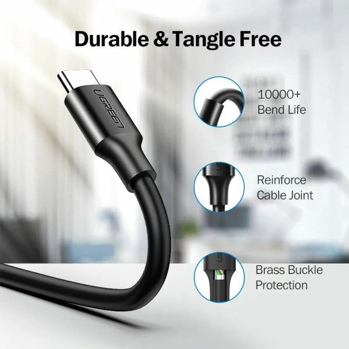 UGREEN Type-C to USB 3.0 Cable 1m – Fast Charging 3A, 5Gbps Sync – Black
