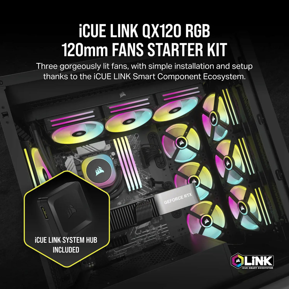 Corsair iCUE LINK QX120 RGB 120mm PWM PC Fans Starter Kit with iCUE LINK System Hub