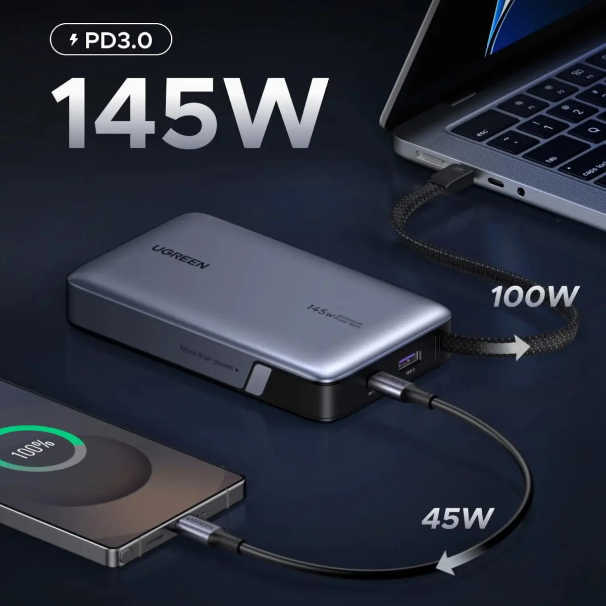 UGREEN Nexode 145W 20000mAh  Power Bank with built-in USB Type-C Cable