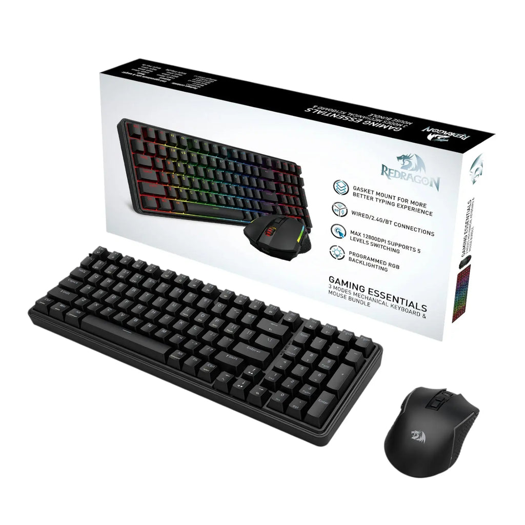 Redragon S162 RGB 3-Mode Wireless Mechanical Gaming Keyboard and Mouse Combo - Black